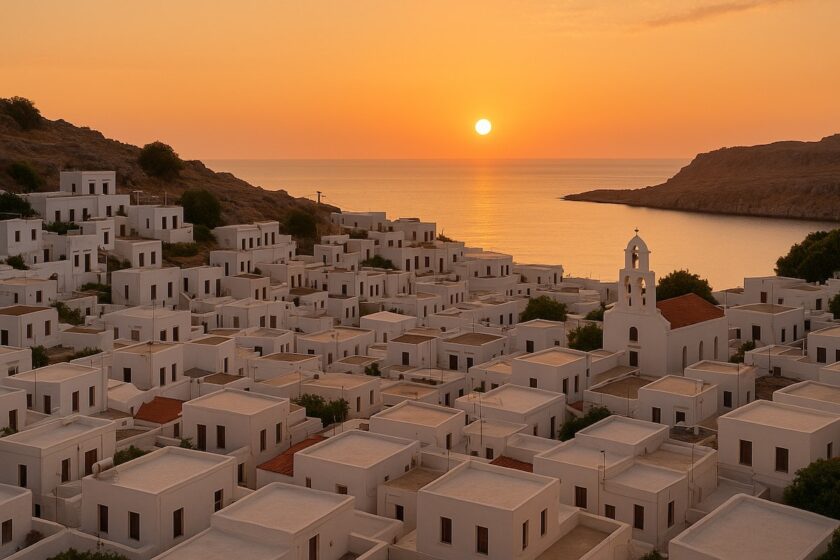 Panorama di Theologos al tramonto con case bianche e mare sullo sfondo