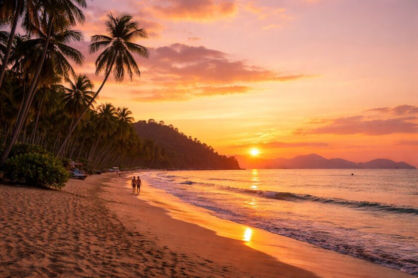 Tramonto sulla spiaggia di Sabang vicino a Puerto Princesa a Palawan