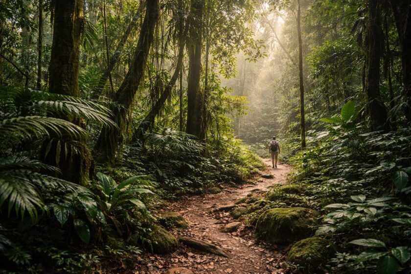 Sentiero verde nella foresta atlantica brasiliana per trekking sostenibile