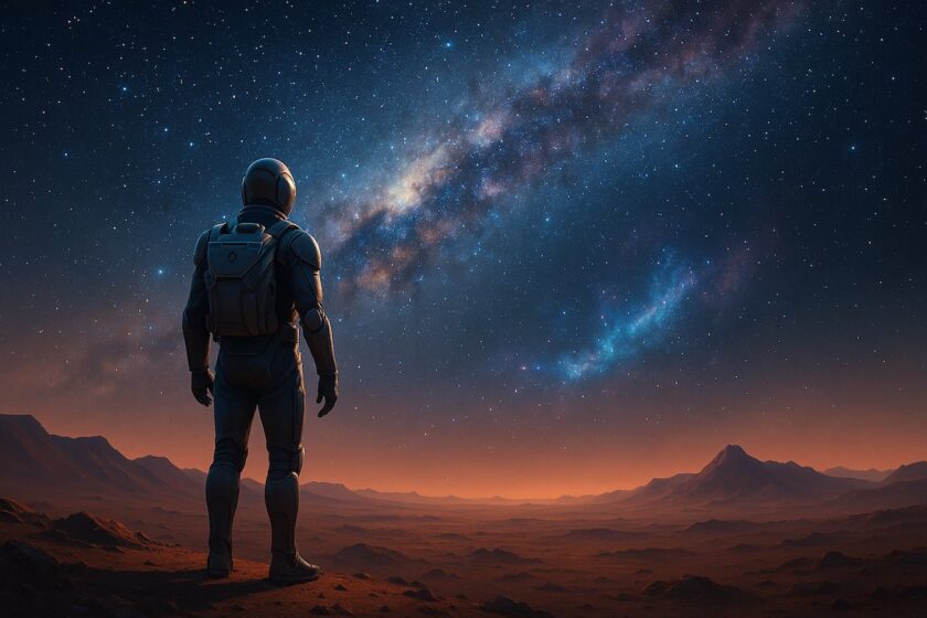 Esploratore spaziale su un pianeta alieno con vista sulla galassia