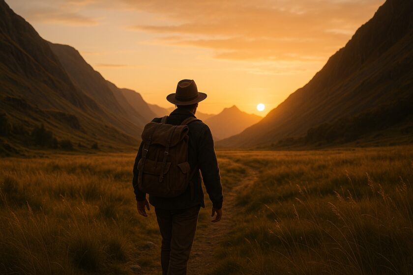 Uomo solo in cammino tra le montagne al tramonto