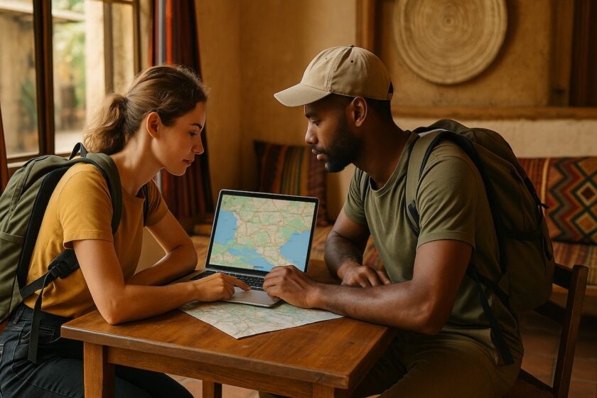 Due viaggiatori con zaino che consultano una mappa e un laptop in una guesthouse africana