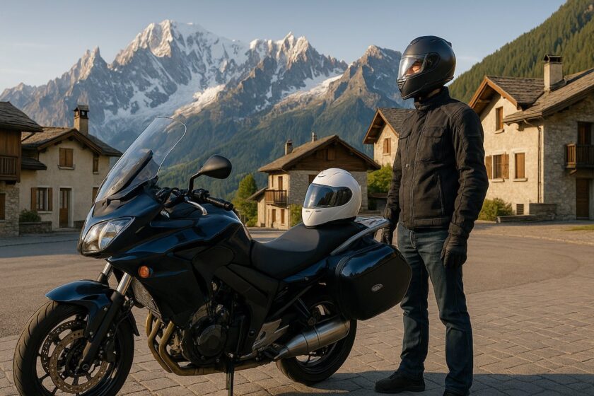 Motociclista in sosta in un paese alpino con le montagne del Monte Bianco sullo sfondo