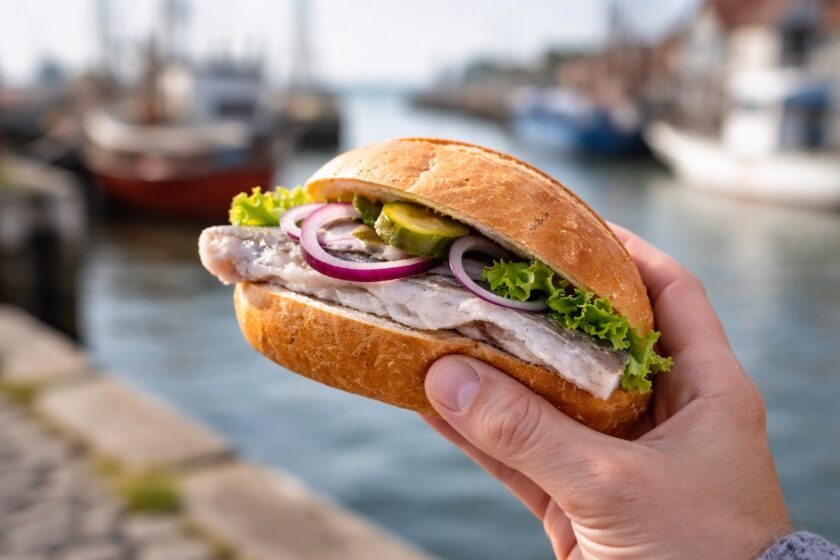 Fischbrötchen tenuto in mano con porto sullo sfondo, tipico street food del Mare del Nord