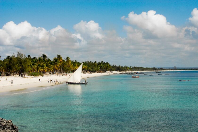 Spiaggia del Mozambico con palme e barche da pesca tradizionali sull’Oceano Indiano