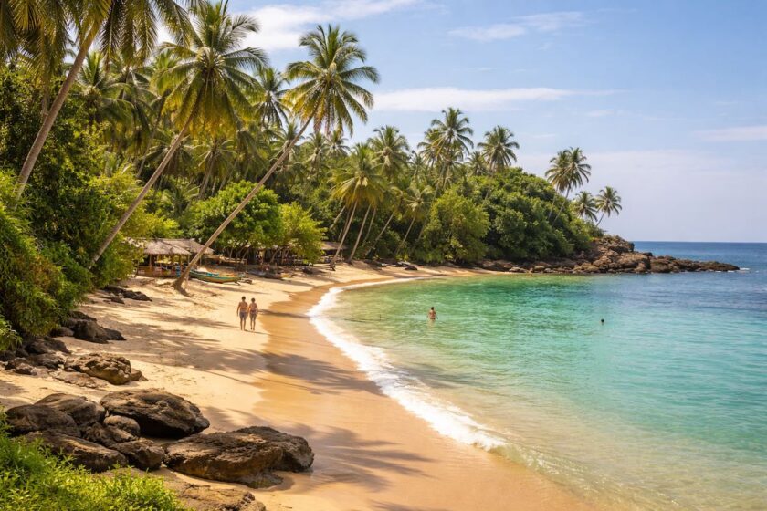 Baia tropicale vicino Galle in Sri Lanka con palme e acqua turchese