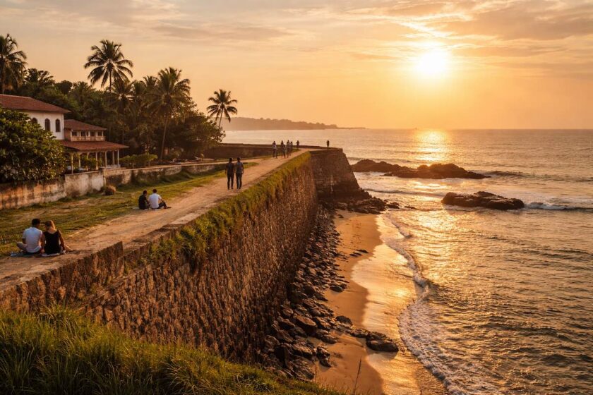 Tramonto sulle mura del Galle Fort con vista sull’oceano in Sri Lanka