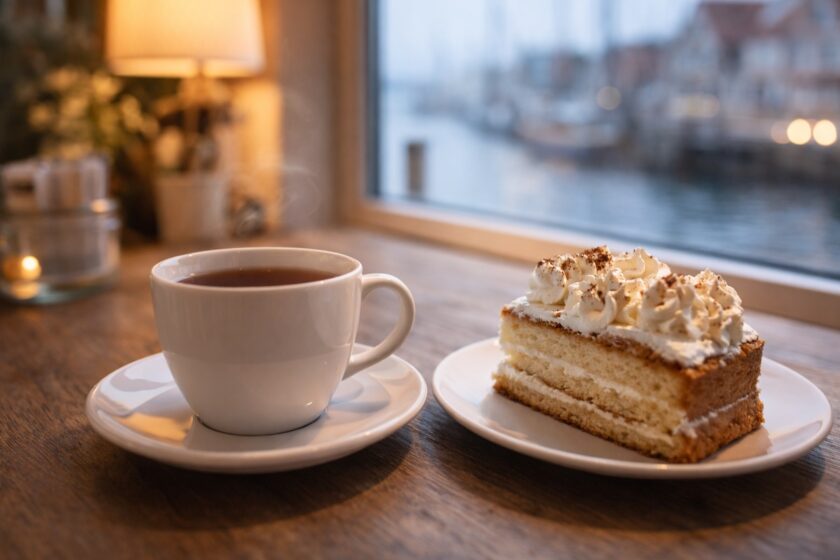 Tazza di tè e dolce con panna in un caffè, tradizione frisone del Nord Germania