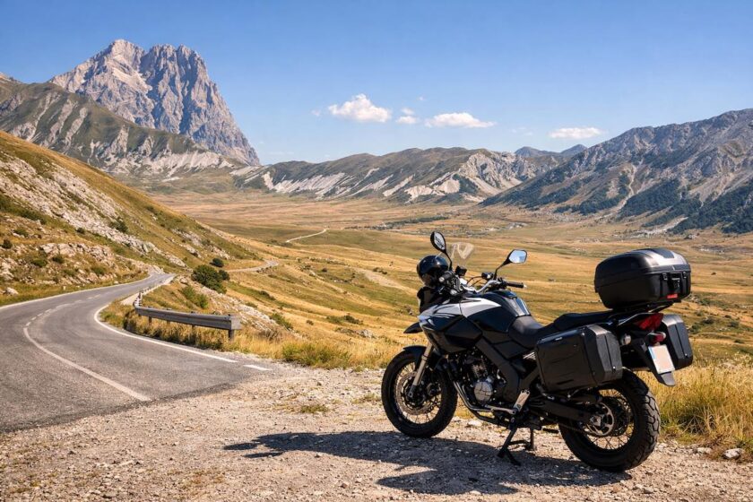 Moto in sosta panoramica durante un giro a Campo Imperatore in moto