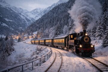 Treno storico in un paesaggio invernale tra i più suggestivi treni natalizi in Italia