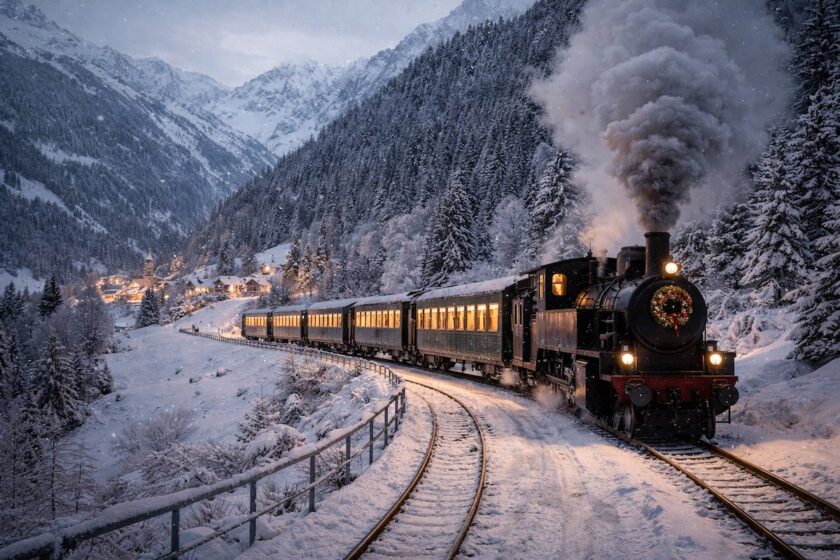 Treno storico in un paesaggio invernale tra i più suggestivi treni natalizi in Italia