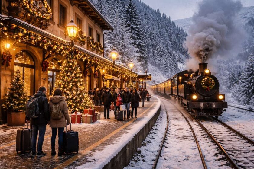 Stazione addobbata per Natale legata all’esperienza dei treni natalizi in Italia