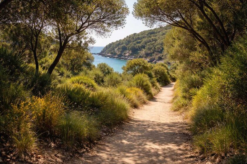 Sentiero nella macchia mediterranea per Cala Violina come arrivare a piedi alla spiaggia