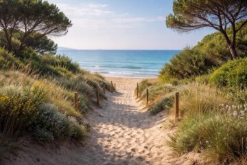 Accesso al mare delle spiagge della Giannella tra sabbia e vegetazione mediterranea