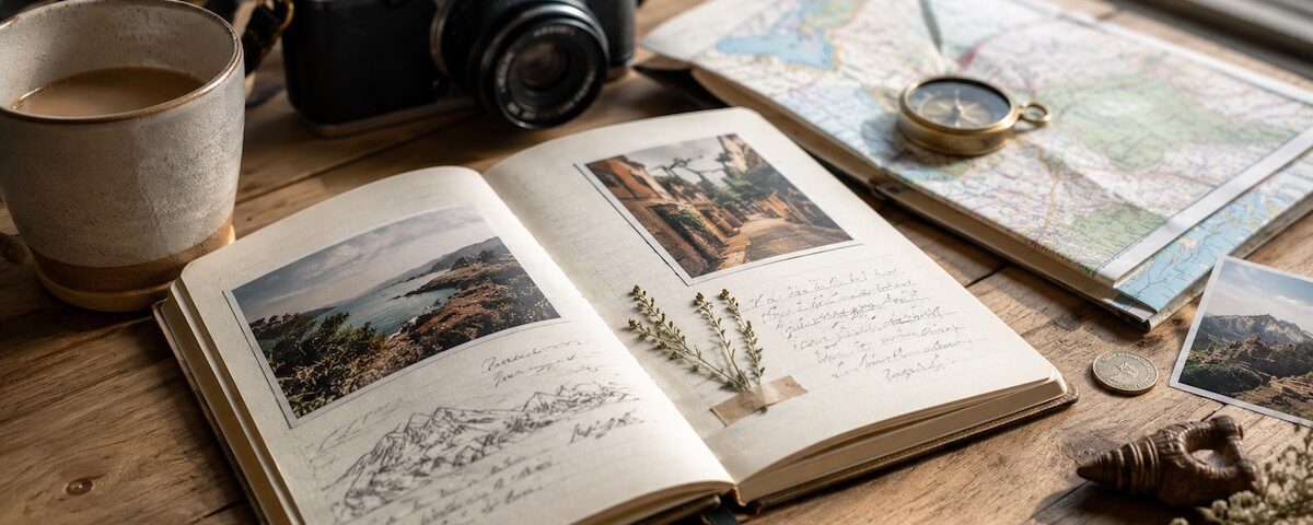 Diario di viaggio con mappa e macchina fotografica per articolo sulle citazioni famose sui viaggi.