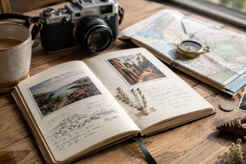 Diario di viaggio con mappa e macchina fotografica per articolo sulle citazioni famose sui viaggi.