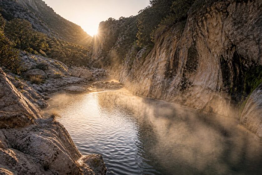 Fiume caldo delle terme segestane tra rocce e natura