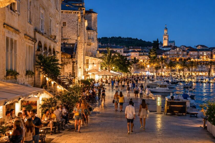 Centro storico croato di sera con locali all’aperto e atmosfera estiva