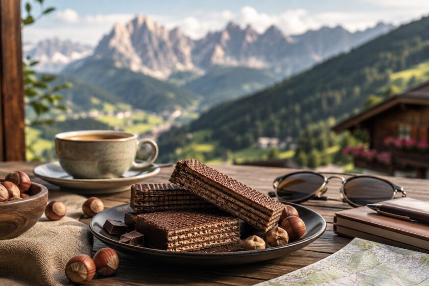 Wafer al cioccolato su tavolo con montagne dell’Alto Adige sullo sfondo