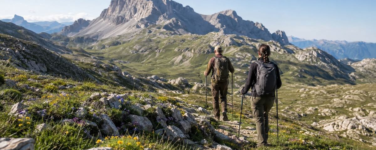 Escursionisti su un sentiero della Valle Maira con Rocca la Meja sullo sfondo