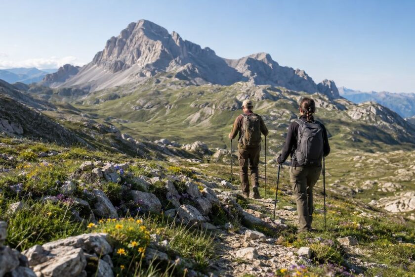 Escursionisti su un sentiero della Valle Maira con Rocca la Meja sullo sfondo