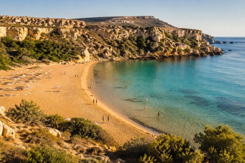 Golden Bay a Malta con sabbia dorata, scogliere e mare turchese