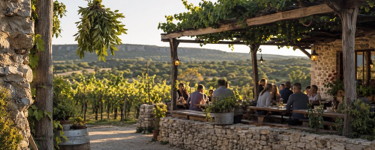 Tavoli all’aperto in una tipica osmiza tra i vigneti del Carso triestino
