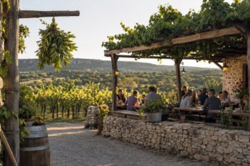 Tavoli all’aperto in una tipica osmiza tra i vigneti del Carso triestino