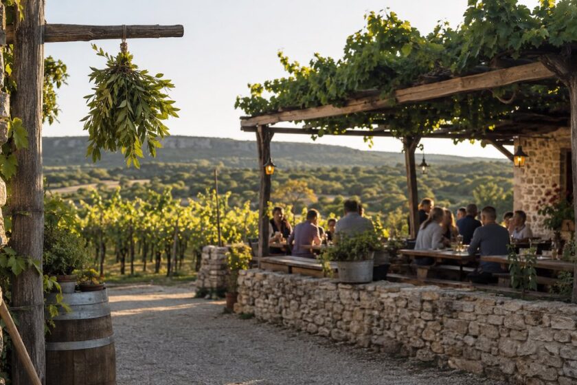 Tavoli all’aperto in una tipica osmiza tra i vigneti del Carso triestino