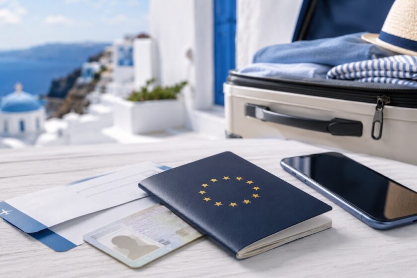 Passaporto, carta d’imbarco e smartphone pronti per un viaggio in Grecia senza PLF obbligatorio