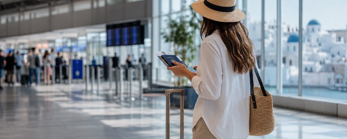 Viaggiatore in aeroporto con trolley e smartphone prima della partenza per la Grecia