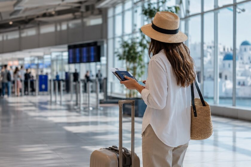 Viaggiatore in aeroporto con trolley e smartphone prima della partenza per la Grecia
