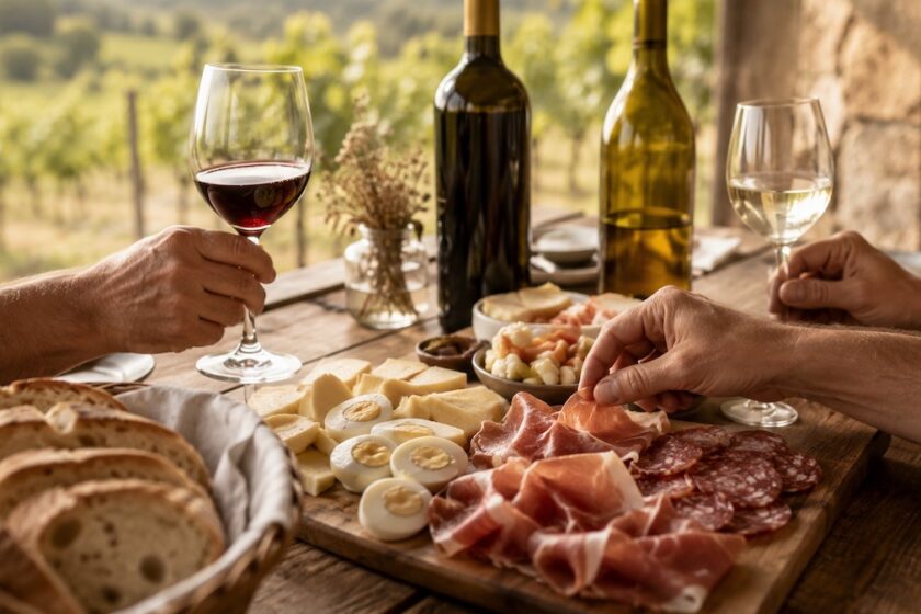 Tagliere di salumi e formaggi con vini del Carso servito in un’osmiza