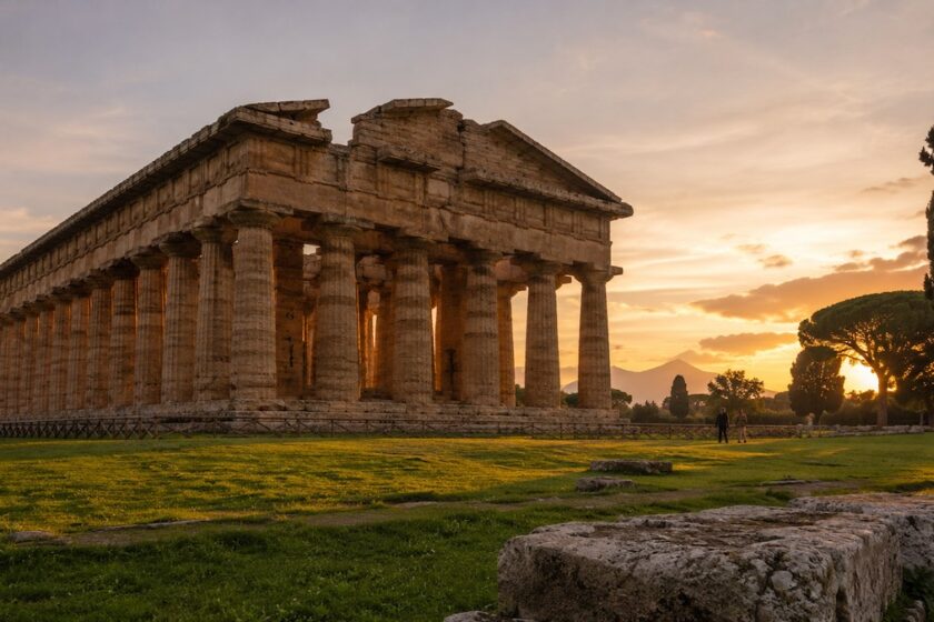 Tempio dorico nel Parco archeologico di Paestum illuminato dal tramonto
