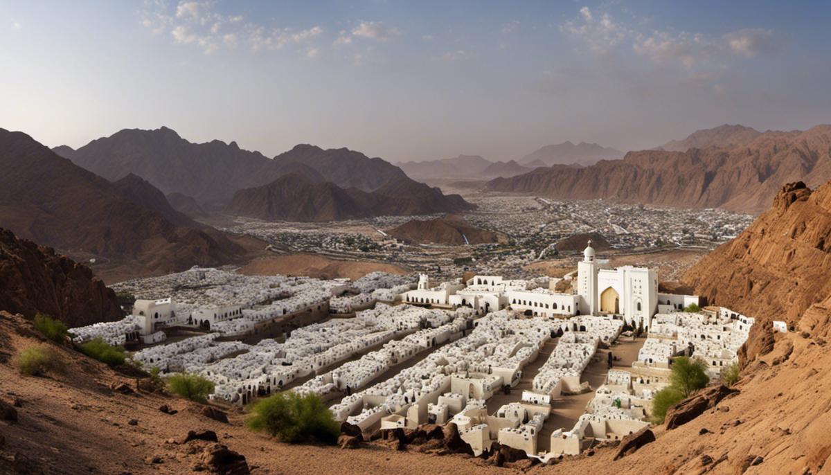 Antiche Tombe di Uhud - Vista di un paesaggio collinare con le tombe bianche delle Antiche Tombe di Uhud visibili