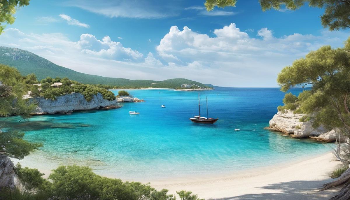A beautiful beach scene with pristine white sand and crystal clear waters, representing the beauty of Ksamil