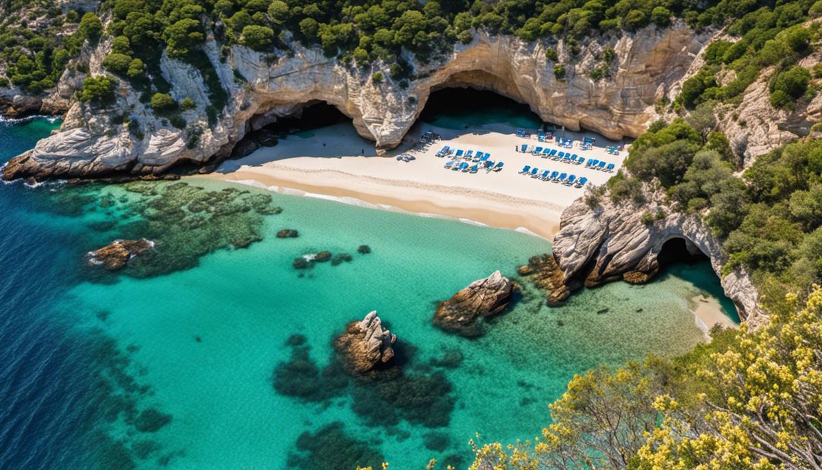 A beautiful image of the Narina Free Beach, with azure waves crashing against the sandy shore and a stunning view of the surrounding cliffs and Mediterranean flora and fauna.