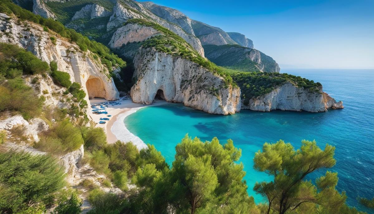 A stunning view of Canyon di Gjipe, with white pebble beach, crystal-clear sea water, and towering rocky cliffs, located along the Albanian coastline overlooking the Ionian Sea.