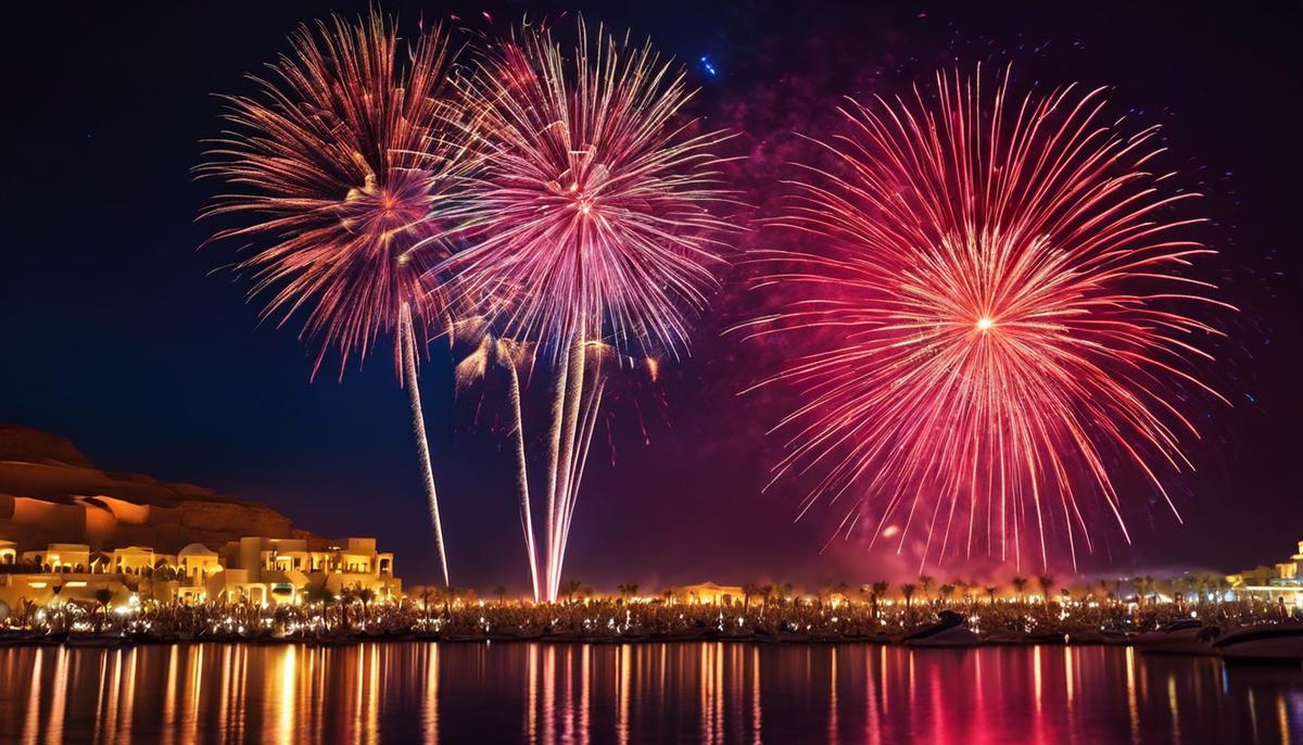 Fireworks display over the Red Sea, illuminating the night sky at Sharm el Sheikh during New Year's Eve celebrations