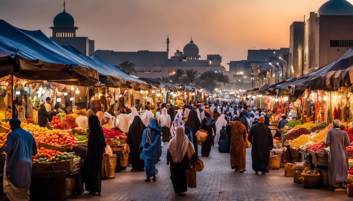 Image of the bustling Dar al-Qiblatain market, filled with vibrant vendors and shoppers.