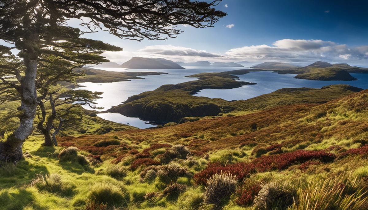 Image describing rich and varied flora and fauna of Wester Ross, with dense forests, open pastures, and peat bogs. Different species of trees, ferns, mosses, birds, and mammals are mentioned in the text, which are protected due to their unique biodiversity.