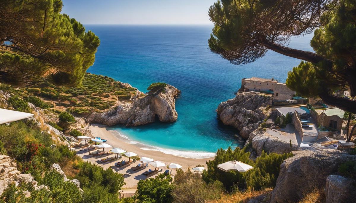 Immagini del bellissimo villaggio di Dhermi sulla costa sud-ovest dell'Albania con paesaggi mozzafiato e spiagge cristalline.