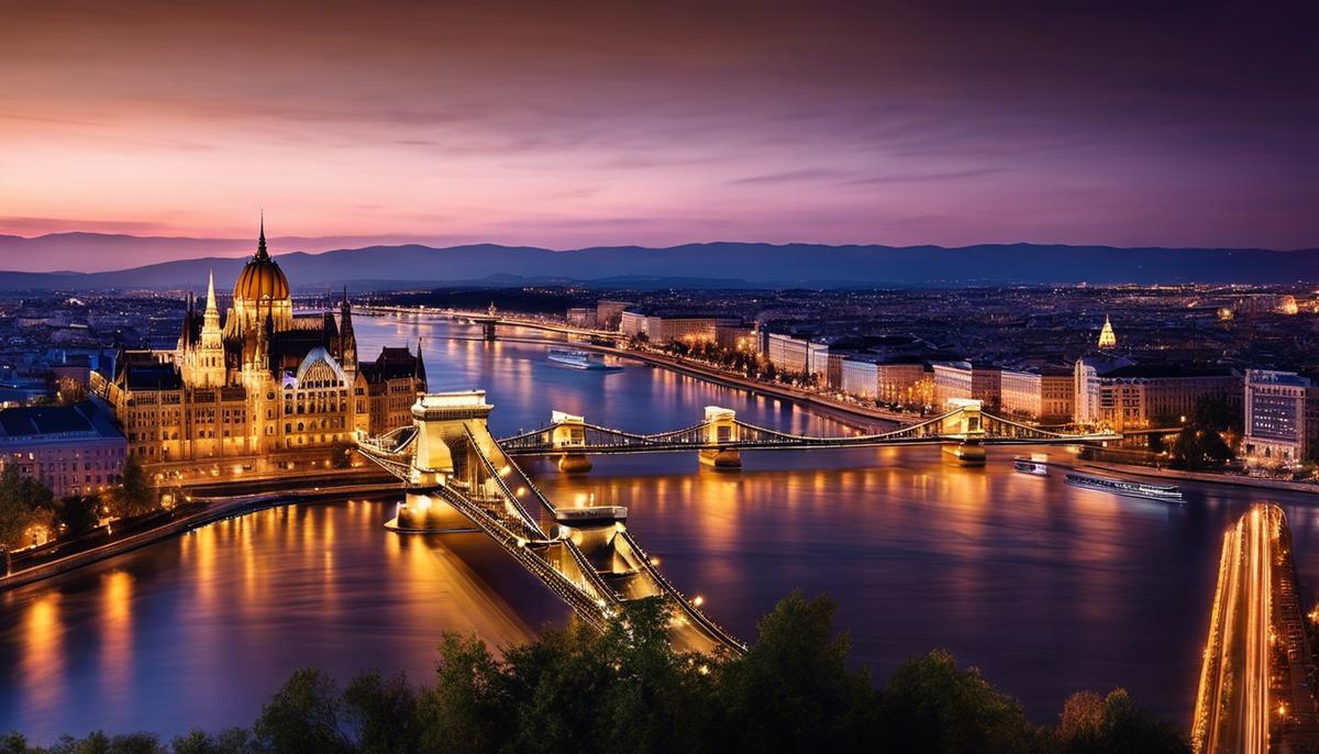 A photograph of the Budapest skyline at night with illuminated buildings and the Danube River flowing through the city.